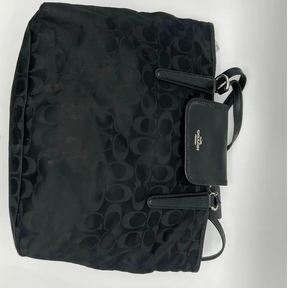 Coach Black Signature C Nylon Tote Leather Trim Shoulder Bag Large Handbag - Picture 7 of 7